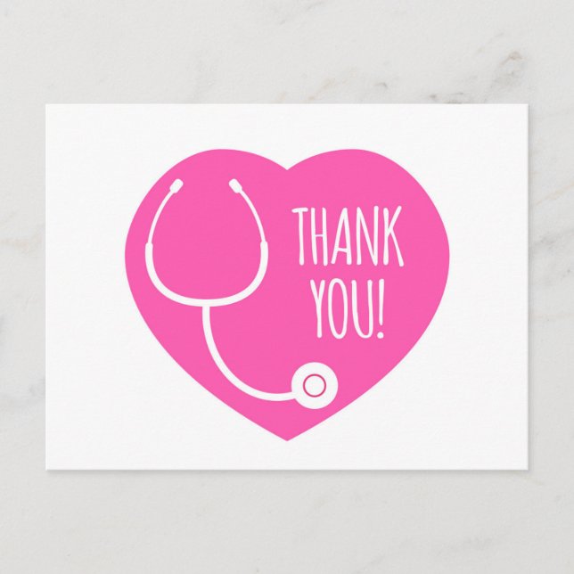Carte Postale Remerciements| Stéthoscope à coeur rose (Devant)