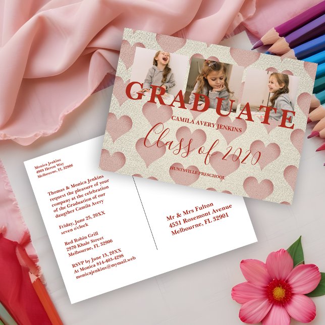 Carte Postale Remise des diplômes de maternelle Hearts 3 Photos  (Hearts Pre-K Graduate Three Photos Textile Texture Invitation Post Card.)