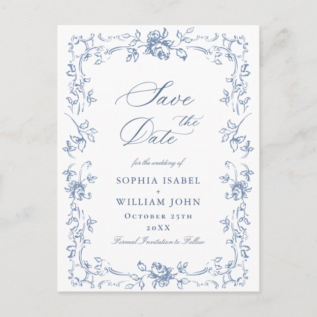 Carte Postale Renaissance Orné Fleurs Mariage Enregistrer la Dat (Devant)