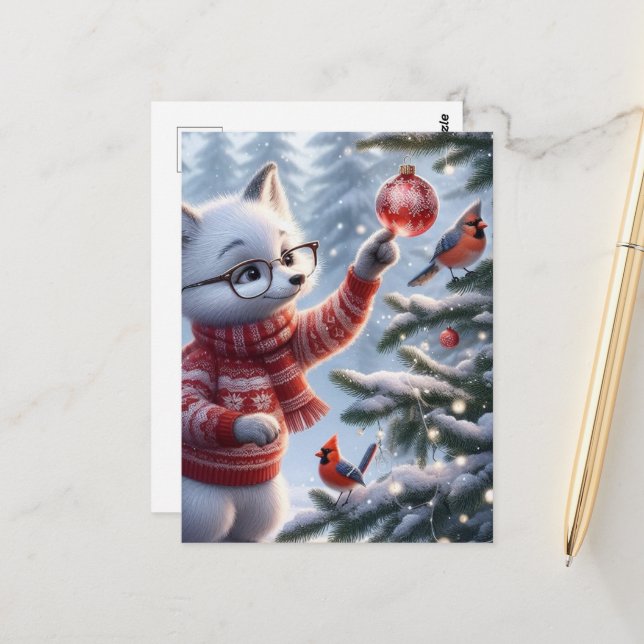 Carte Postale Renard arctique de Noël et oiseaux (Devant/Arrière en situation)