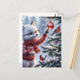 Carte Postale Renard arctique de Noël et oiseaux
