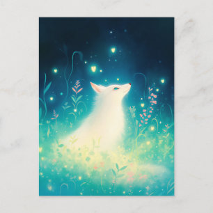 Carte Postale Renard Blanc Éthéré dans la Prairie Magique