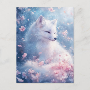 Carte Postale Renard Blanc Pacifique dans un Jardin de Cerisiers