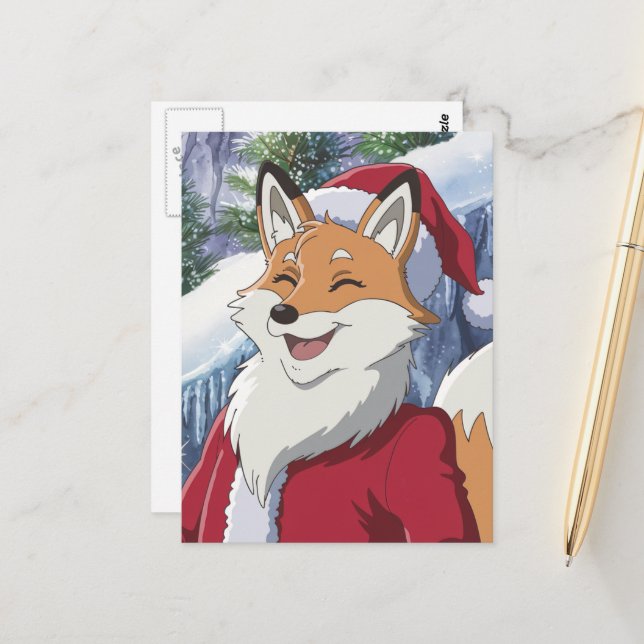Carte Postale Renard de Noël adorable (Devant/Arrière en situation)