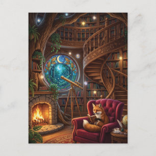 Carte Postale Renard Douillet Lisant dans la Bibliothèque Magiqu