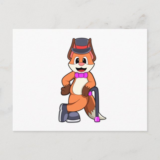 Carte Postale Renard en gentleman avec chapeau et canne (Devant)