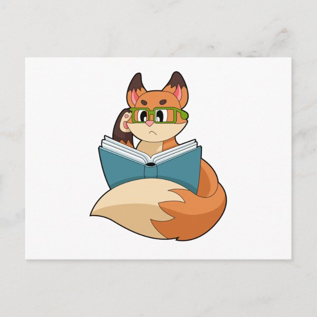 Carte Postale Renard en intello avec livre et lunettes (Devant)