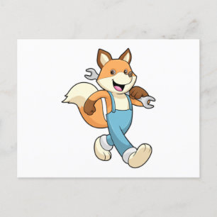 Carte Postale Renard en mécanicien avec clé à écrou