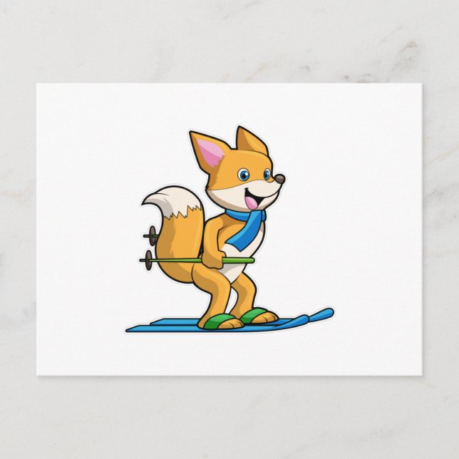 Carte Postale Renard en ski avec des pôles de ski (Devant)