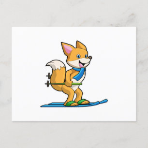 Carte Postale Renard en skieur avec skis et bâtons de ski
