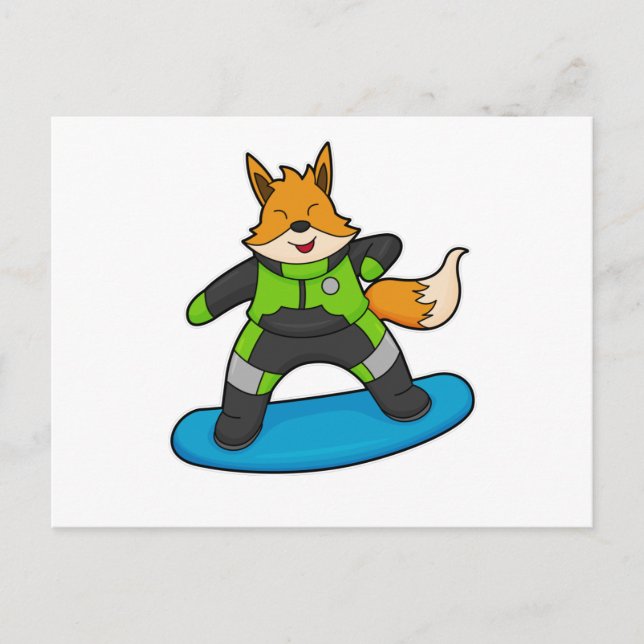 Carte Postale Renard en tant que snowboardeur avec snowboard (Devant)