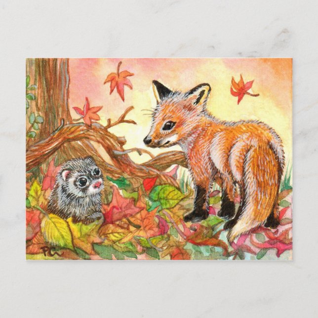 Carte Postale Renard et furet en feuilles d'automne (Devant)