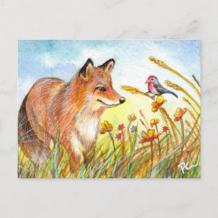 Carte Postale Renard Et Oiseau Sur Le Terrain