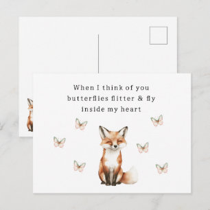 Carte Postale Renard heureux mignon pense à toi papillons amour