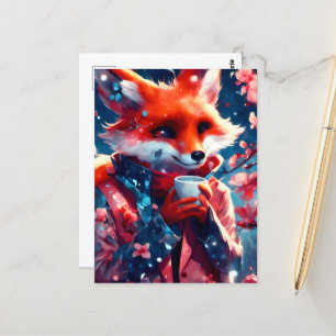 Carte Postale Renard rouge avec café Cerise en fleurs printemps