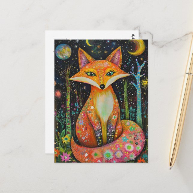 Carte Postale Renard rouge cosmique dans la forêt (Devant/Arrière en situation)