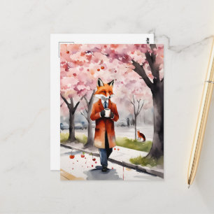 Carte Postale Renard Rouge Marchant Avec une Fleur de Cerisier