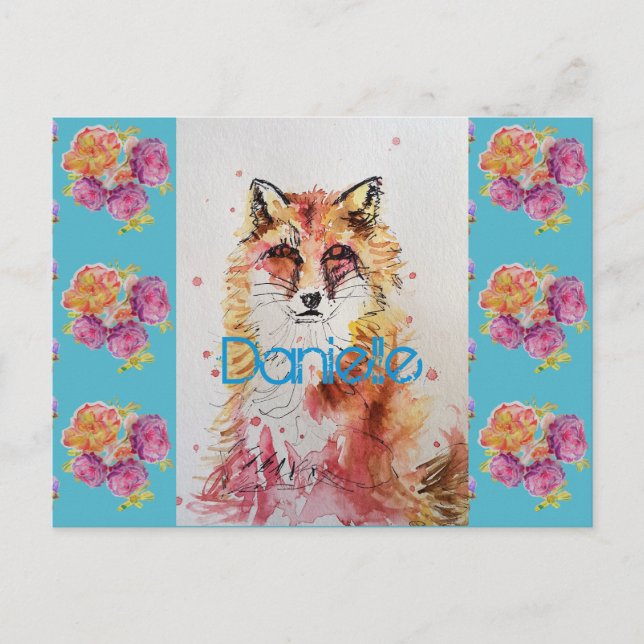 Carte Postale Renard Rouge Mignon Animal Rose Teal Roses (Devant)