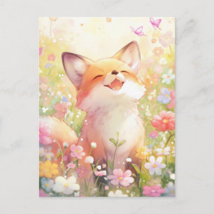 Carte Postale Renard roux heureux dans une prairie ensoleillée d
