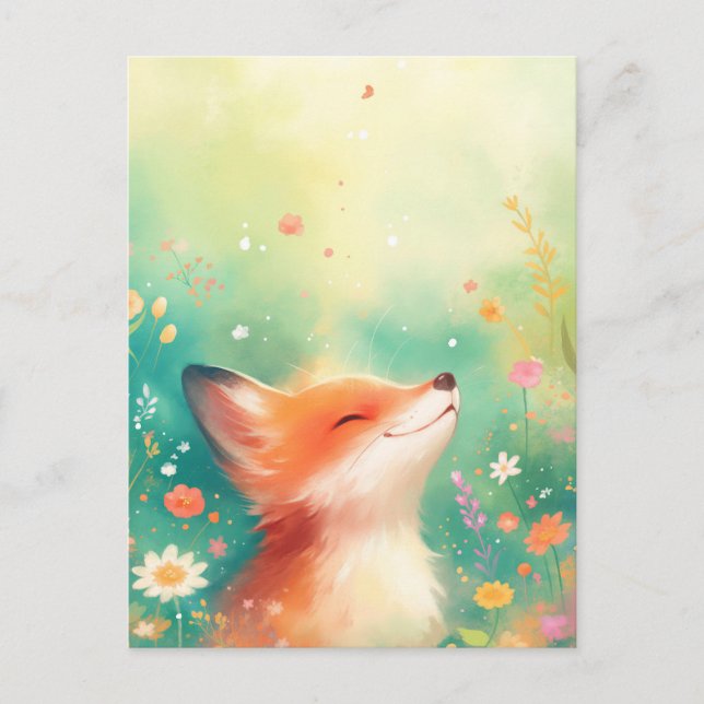 Carte Postale Renard roux heureux dans une prairie printanière é (Devant)