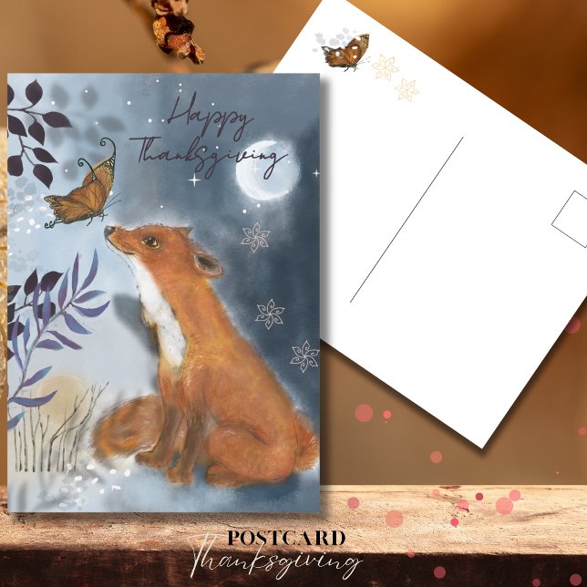 Carte Postale Renard Whimsical & Papillon Mystical Thanksgiving (Whimsical Fox & Butterfly Mystical Thanksgiving Postcard)