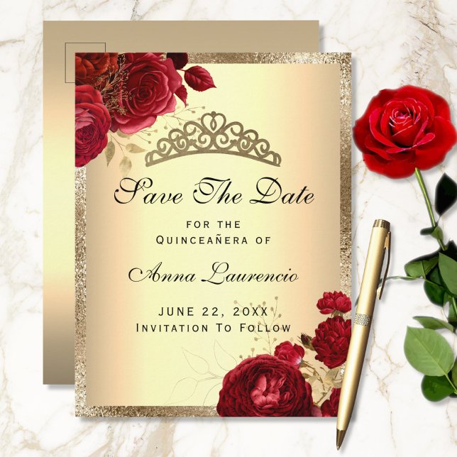 Carte Postale Rendez-vous Quinceanera Roses Fleurs Or Rouge Épar (Créateur téléchargé)