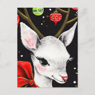 Carte Postale Renne blanc adorable avec grand nœud rouge