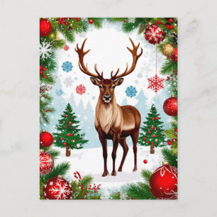 Carte Postale Renne de l'hiver enneigé Fête de Noël festive