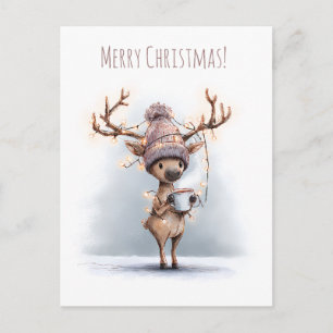 Carte Postale Renne heureux tenant une tasse chaude, Noël