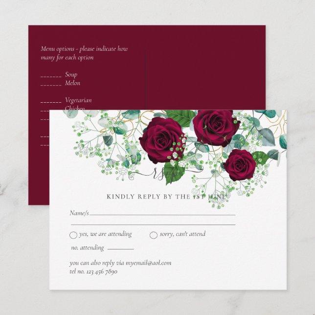 Carte Postale Réponse au mariage Burgundy Rose Sage Eucalyptus (Devant / Derrière)