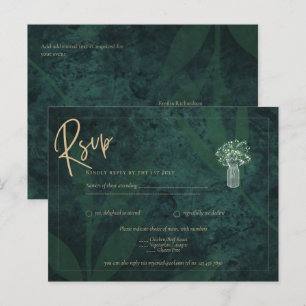 Carte Postale Réponse de mariage Gypsophile avec texte doré vert