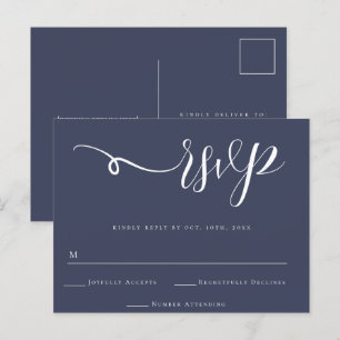 Carte Postale Réponse du Mariage de script bleu de la Marine RSV