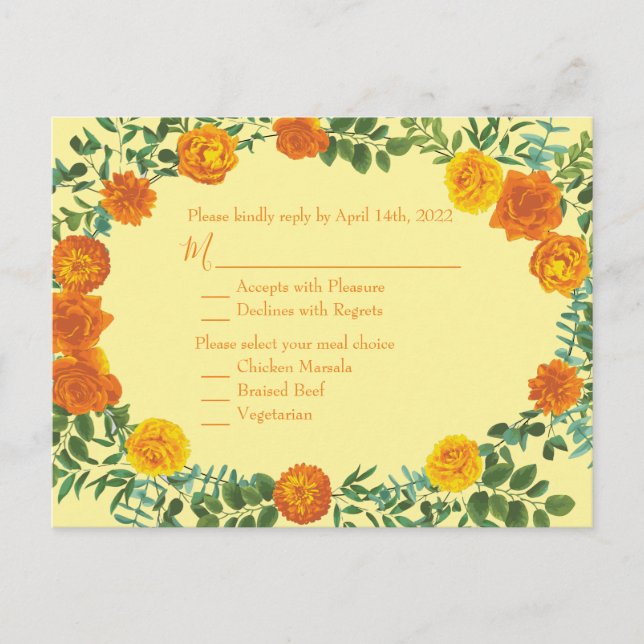 Carte Postale Réponse du Mariage Rose Orange & Jaune clair (Devant)