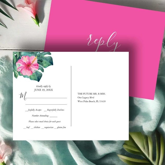 Carte Postale Réponse pour le choix du repas de mariage à destin (RSVP postcard vibrant pink tropical hibiscus flowers watercolor Victoria Grigaliunas Do Tell A Belle)