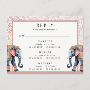 Carte Postale Réponse RSVP du Mariage indien Elephant Multi Even