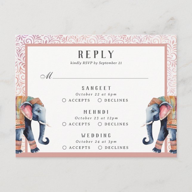 Carte Postale Réponse RSVP du Mariage indien Elephant Multi Even (Devant)