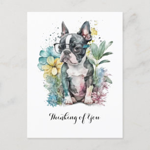 Carte Postale Repos "Boston" Face Boston Puppy Glasses Floral