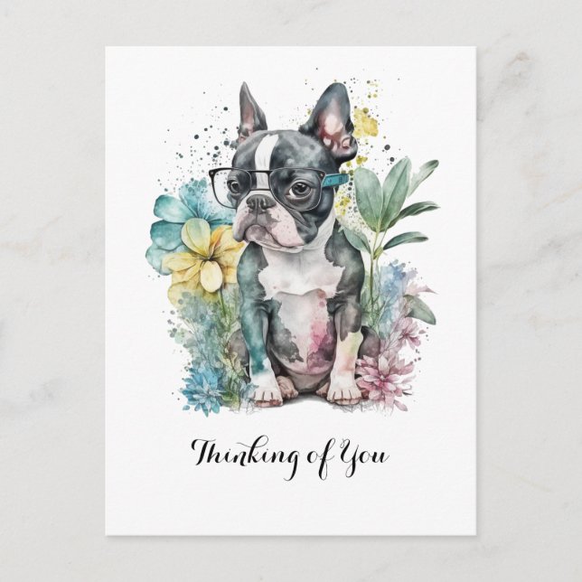 Carte Postale Repos "Boston" Face Boston Puppy Glasses Floral (Devant)
