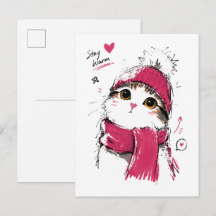 Carte Postale Restez au chaud, joli chat avec bonnet et écharpe