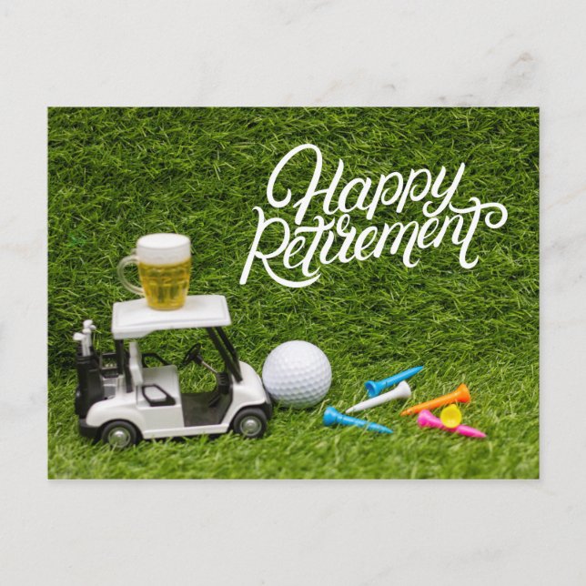 Carte Postale Retraite de golf avec bière sur voiturette de golf (Devant)