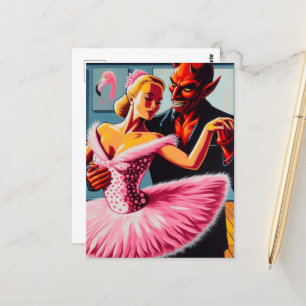Carte Postale Retro Art Devil Avec Danseuse Flamant rose