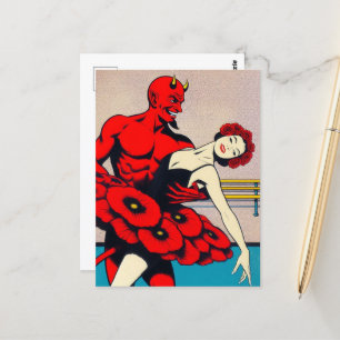 Carte Postale Retro Art Devil avec la danseuse dans une robe Red
