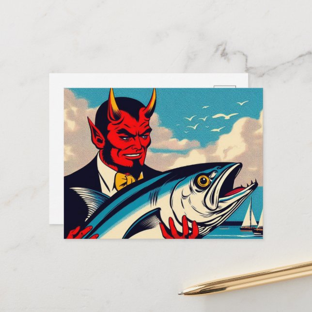 Carte Postale Retro Art Devil avec un tunafish sur la plage (Devant/Arrière en situation)