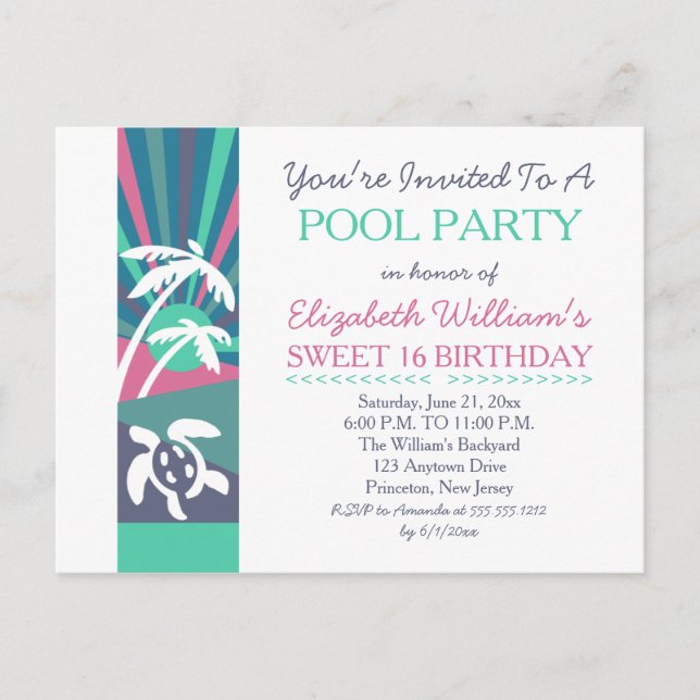 Carte Postale Retro Beach Sunset Sweet 16 Anniversaire Pool Part (Devant)