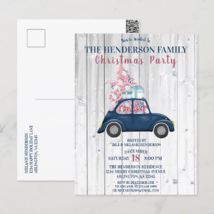 Carte Postale Retro Blue Car Pink Noël Arbre Noël