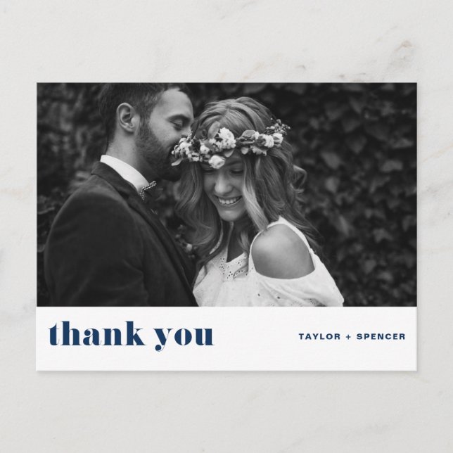 Carte Postale Retro Bold Typographie Marine Mariage bleu Merci (Devant)