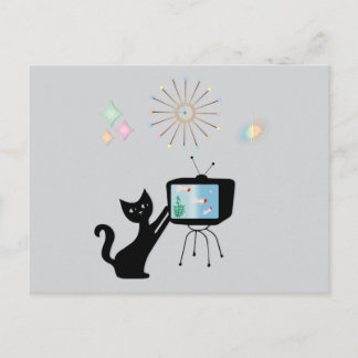 CARTE POSTALE RÉTRO CHAT ATOMIQUE & ANCIEN TÉLÉVIS