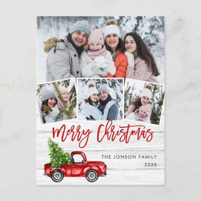 Carte Postale Retro Christmas Red Truck Rustic 4 PHOTO Salutatio (Devant)