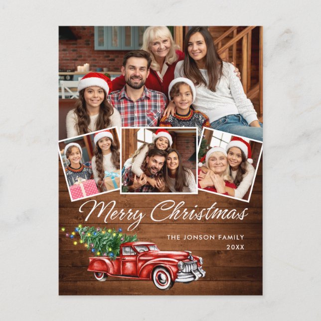 Carte Postale Retro Christmas Red Truck Rustic 4 PHOTO Salutatio (Devant)