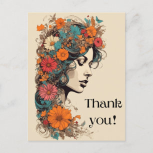 Carte postale rétro de fille aux fleurs dans les c